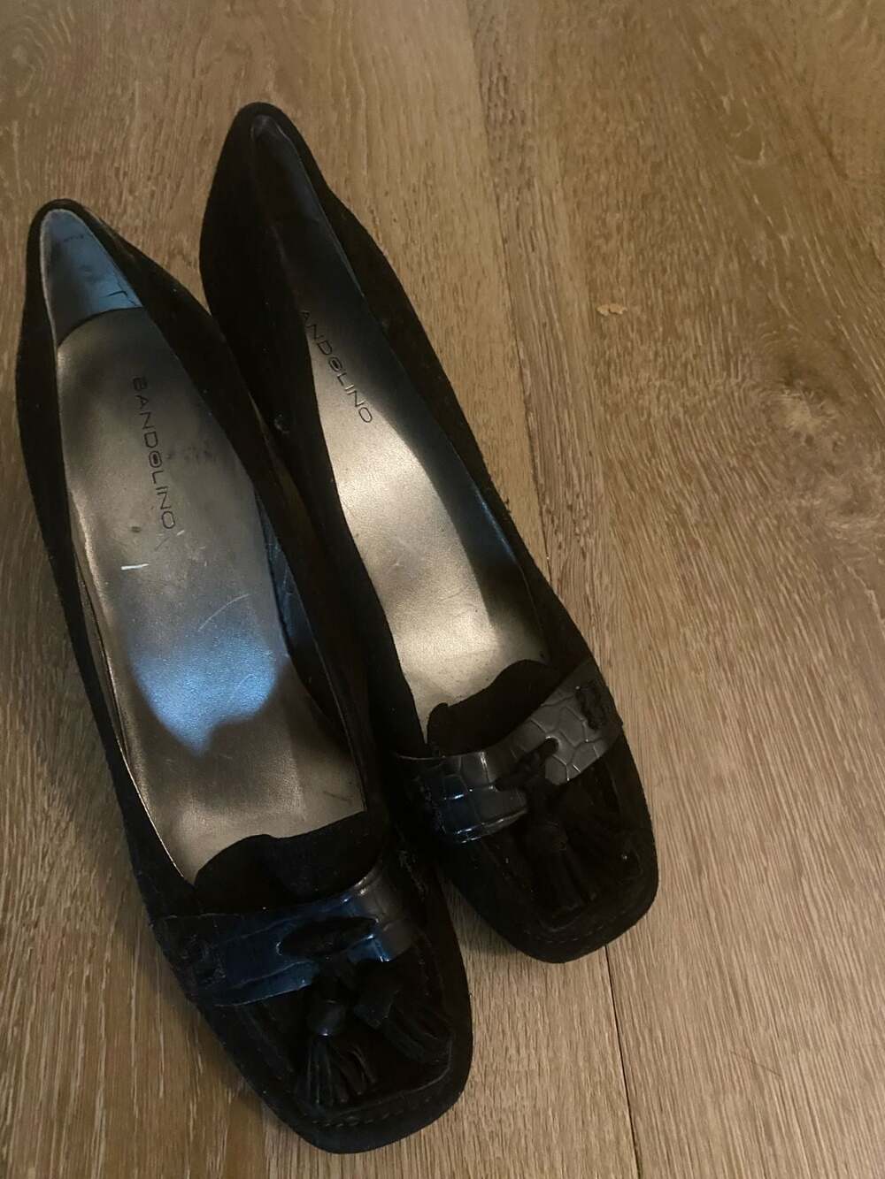 Bandolino Black Suede Wedge Loafer Heels with Tassel Detail